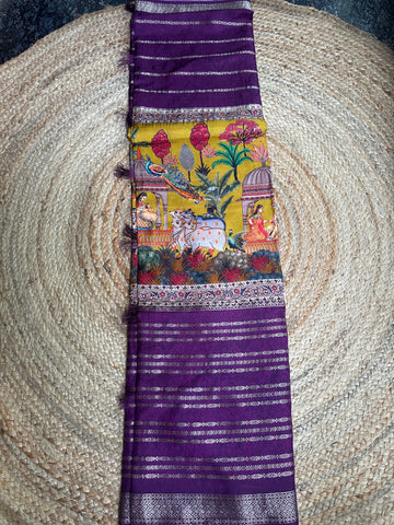 Wine with mustard central digital kalamkari sarees.