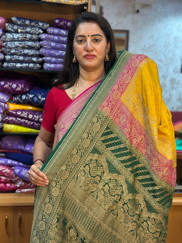 Mustard and green pink pure crepe Banaras 3D pattern with brocade blouse