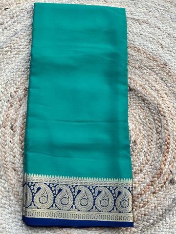 Green and blue pure crepe Mysore Silk Mango border 120 gsm