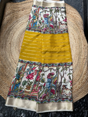 Yellow and cream kalamkari semi crepe with horizontal lines.