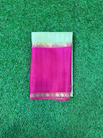 Pista green with mejentha pink pure wrinkle crepe with vertical stripes blouse.