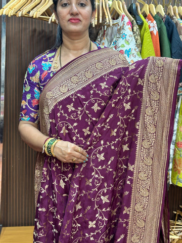 Dark wine jaal pure crepe Banaras silk sarees