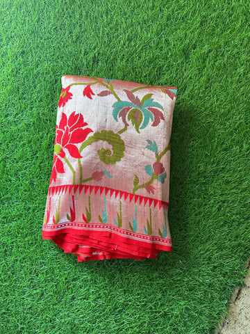 Red Pure tusser georgette with Paithani weaving and muniya border.