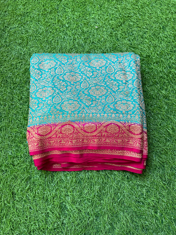 Distemper blue with pink pure crepe Banaras brocade silk sarees.
