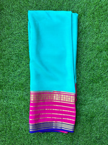 Blue with pink and purple Pure Mysore Silk crepe 120 GSM