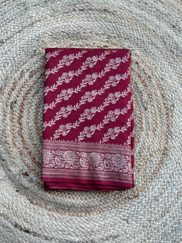 Maroon jaal self crepe chiffon sarees