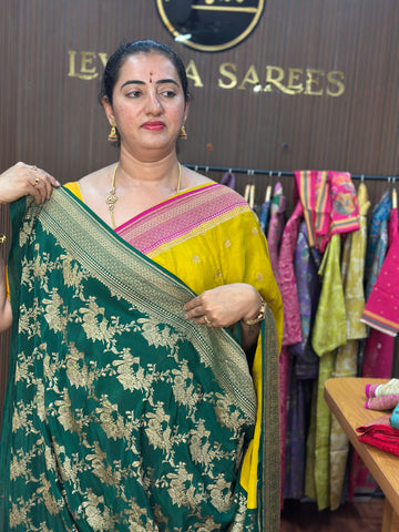 Mustard and green pink, pure crepe Banaras silk sarees.