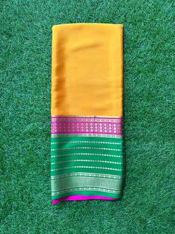 Mustard pink and green pure crepe Mysore Silk sarees. 120 grams thickness.