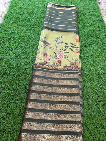 Grey with green semi crepe kalamkari