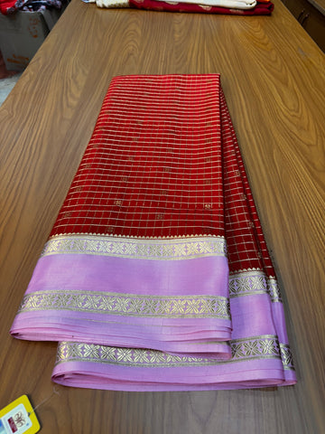 Red and pink pure crepe Mysore Silk checks pattern 120 gsm