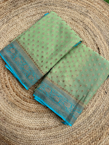 Light green and sea blue pure khaddi Georgette sarees silk mark certified