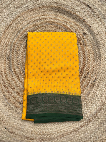 Deep yellow and green, pure crepe chiffon Banarasi sarees