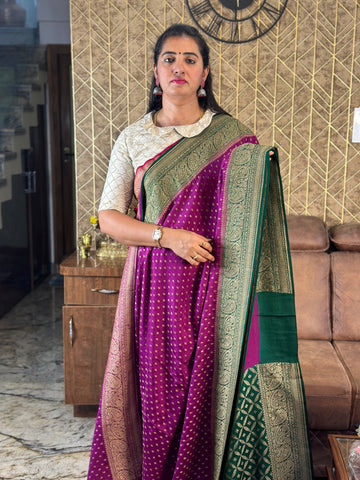 Dark mejentha with green pure crepe Banaras silk sarees.