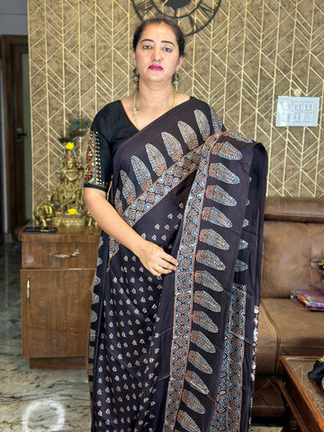 Black pure Ajrak modal silk sarees.