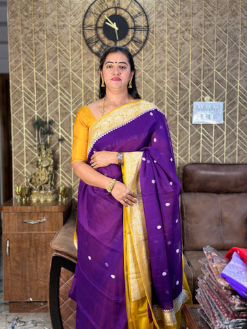 Purple and mustard pure khadi chiffon Banaras.
