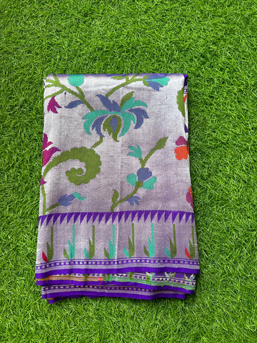 Purple pure tusser Georgette. Tissue based Paithani muniya border.