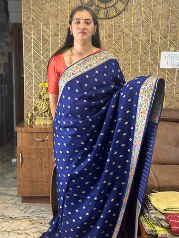Navy blue pure tusser Paithani border.