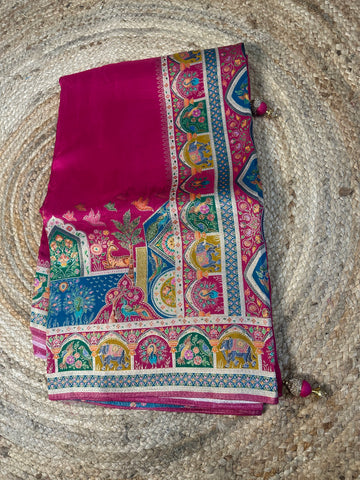 Rani pink moonga crepe with Kashmiri weaving.
