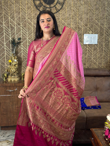 Baby pink and Rani pink pure crepe Banaras silk sarees.
