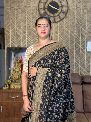 Black jaal pure crepe Banaras silk sarees. With butta blouse