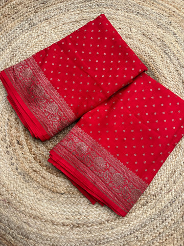 Hot red pure crepe chiffon Banarasi sarees