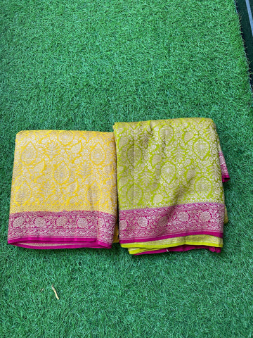 Yellow and pink pure crepe Banaras sarees brocade pattern.