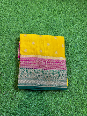 Mustard and pink green, pure crepe Banaras 3D pattern.