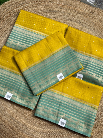 Yellow and sea green dola silk sarees