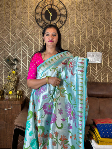 Rama blue Pure tusser tissue with Paithani muniya borde concept.