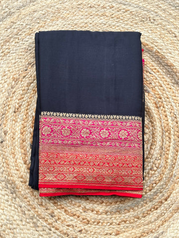 Black and red and pink 3D pure crepe Banaras