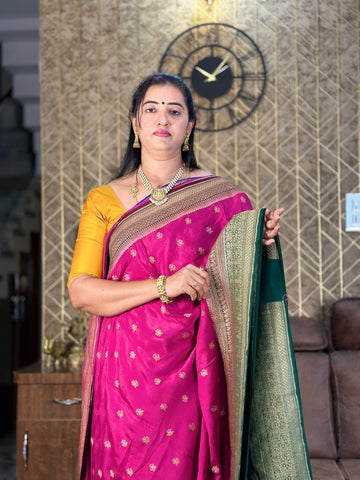 Rani pink with green pure crepe Banaras.