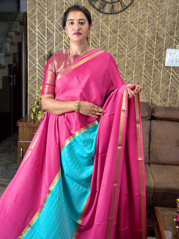 Pink and blue central line design crepe Mysore Silk sarees.
