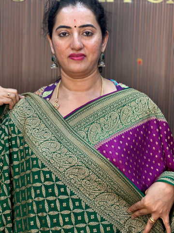 Brinjal colours with green Pure crepe Banaras silk sarees