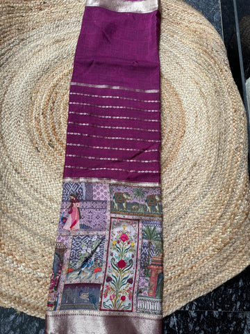 Wine crepe bottom kalamkari with central horizontal lines.