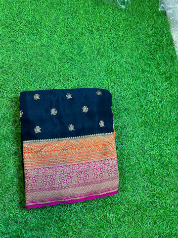 Black and orange pink pure crepe Banaras 3D pattern.