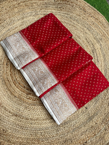 Red and white pure crepe chiffon sarees with brocade jaal blouse