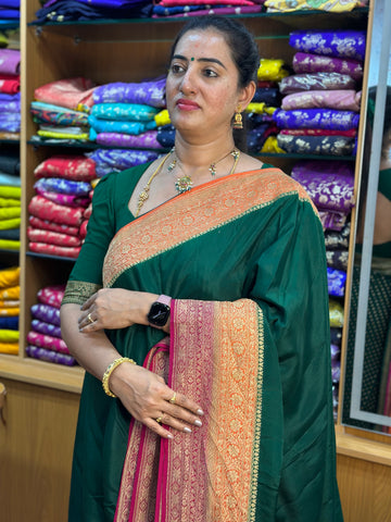 Green and pink orange pure crepe Banaras silk sarees.