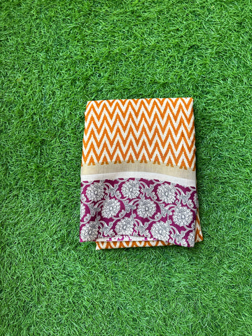 Mustard with maroon Kalamkari mulmul cotton sarees.