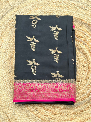 Black and pink pure crepe Banaras silk sarees