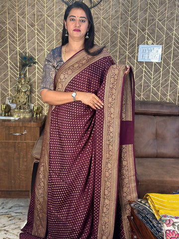 Chocolate brown Pure crepe Banaras sarees.