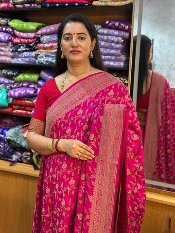 Rani pink pure crepe Banaras jaal pattern with butta blouse