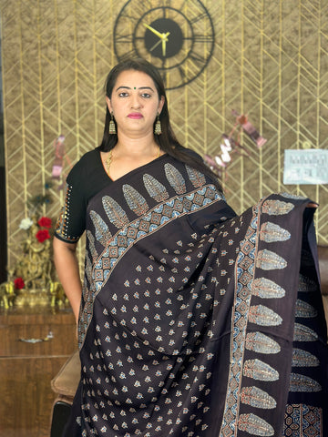 Black Ajrak modal silk sarees.