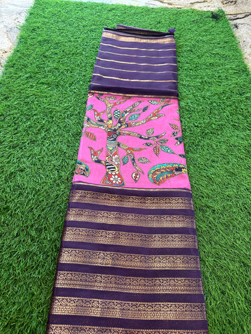Purple with baby pink semi crepe kalamkari saree.