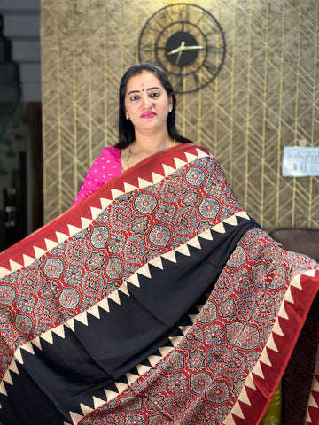 Red Ajrak prints with black pure modal silk saree.