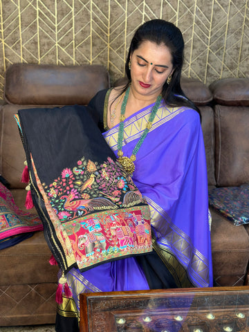 Black and pink pure moonga crepe Kashmiri work.