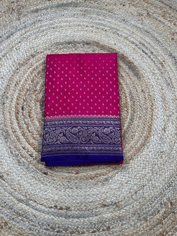 Pink and purple crepe chiffon saree with brocade blouse.