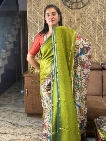 Green semi crepe digital kalamkari prints.