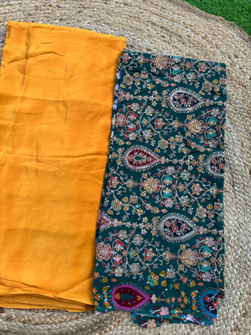 Mustard pure crepe with green brocade blouse