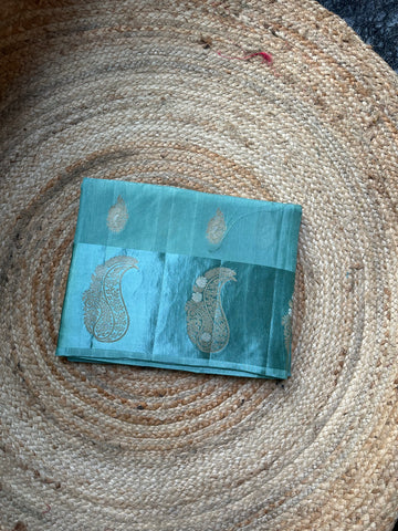 Sea blue dola silk with mango satin border.