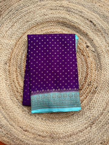 Purple and sea blue Pure crepe chiffon sarees with brocade blouse